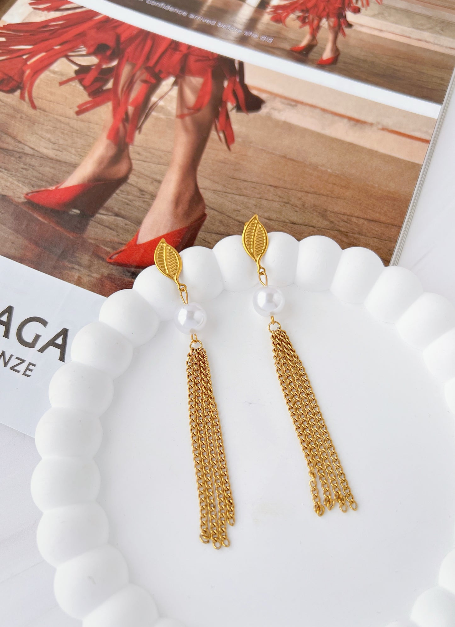 Aretes Colgantes Hoja y Perla