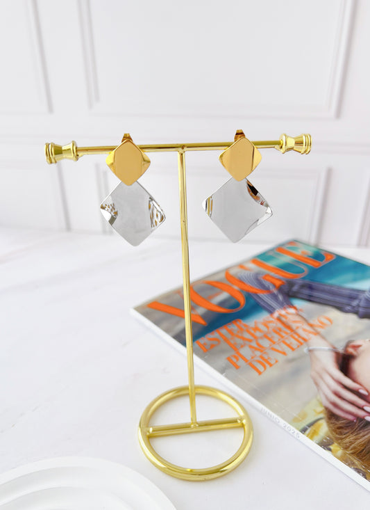Aretes Doble Cuadro Bicolor